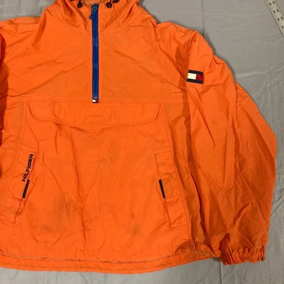 Tommy Hilfiger Mens Orange Anorak Windbreaker Jacket Quarter Zip Hooded XL - Picture 2 of 16